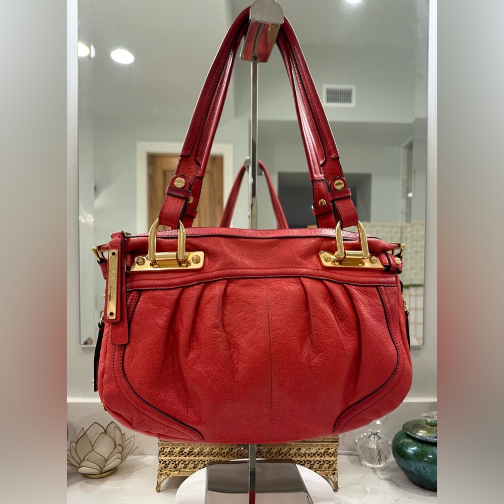 B. Makowsky - Deep Red-Orange Pleated Leather Shoulder Bag, Gold-Toned H/W - EUC